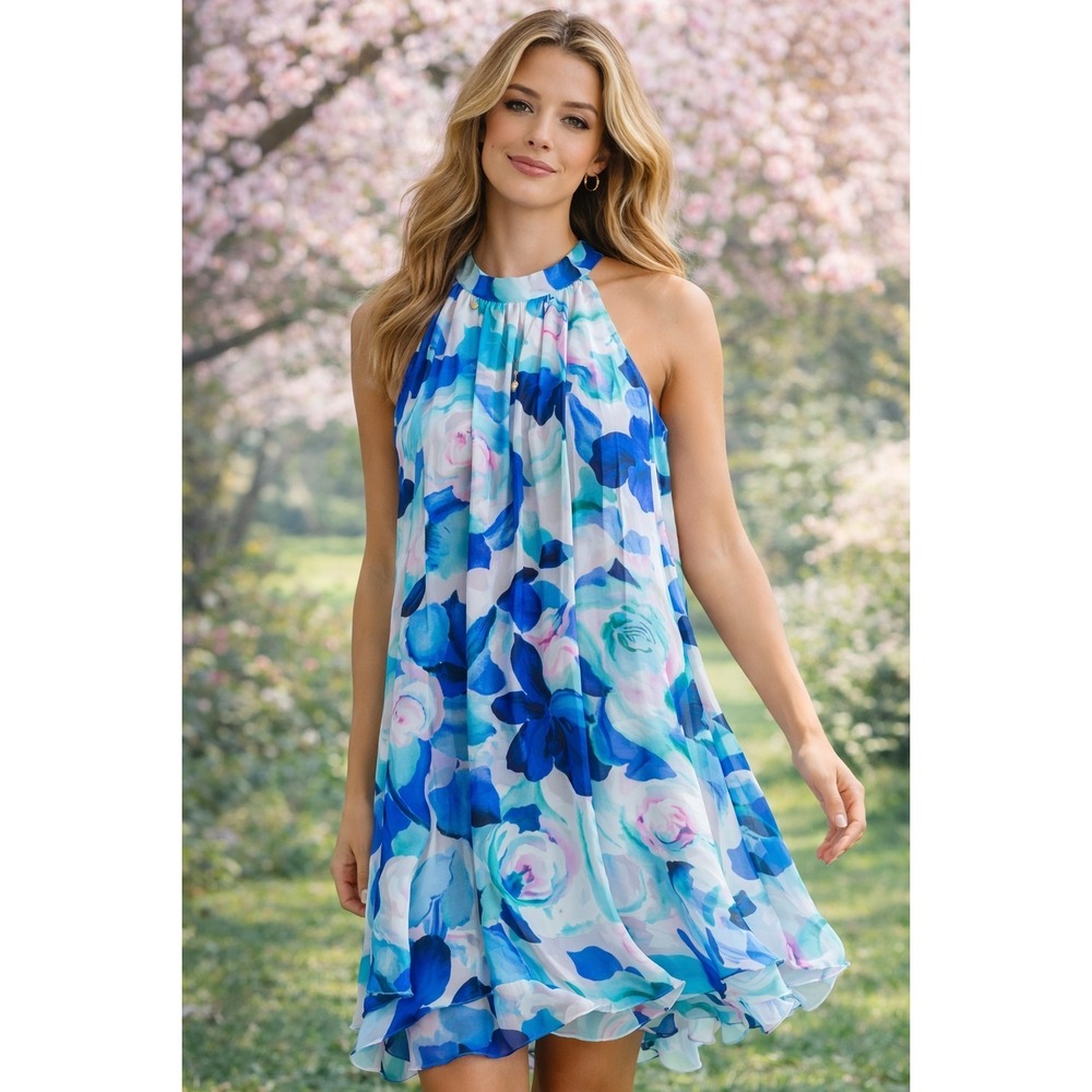 Eliza J Blue and Aqua Floral Halter Swing Dress